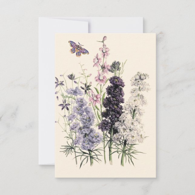 Watercolor Purple, Pink Garden Flowers, Butterfly  Card (Front)