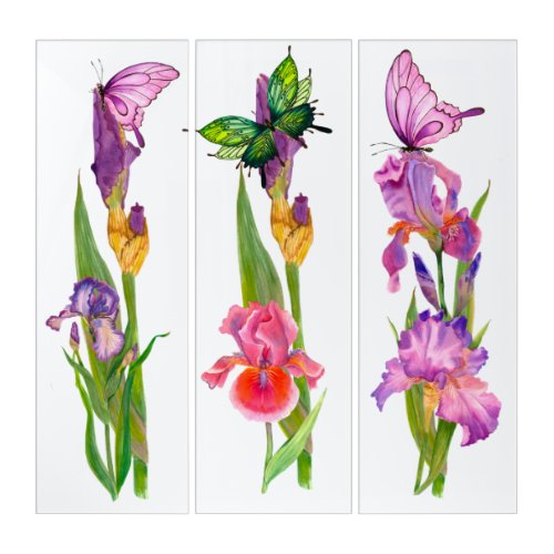 Watercolor Purple Pink Iris Floral Butterfly  Triptych