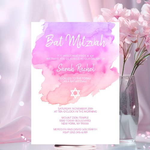 Watercolor Purple Pink Peach Star BAT MITZVAH