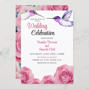 Watercolor Purple & Pink Rose Hummingbird Wedding Invitation