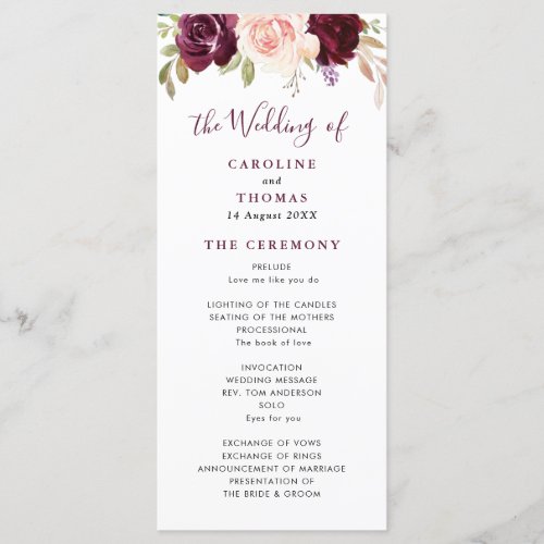 Watercolor purple plum and peach floral wedding program