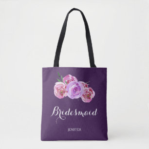 Watercolor purple plum bouquet wedding bridesmaid tote bag