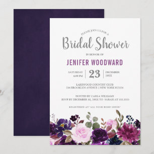 Watercolor Purple Plum Floral Boho Bridal Shower Invitation