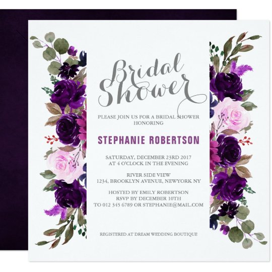 Watercolor Purple Plum Floral Boho Bridal Shower Invitation