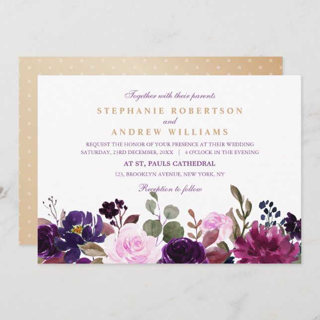 Watercolor Purple Plum Floral Rustic Boho Invitation (Front/Back)