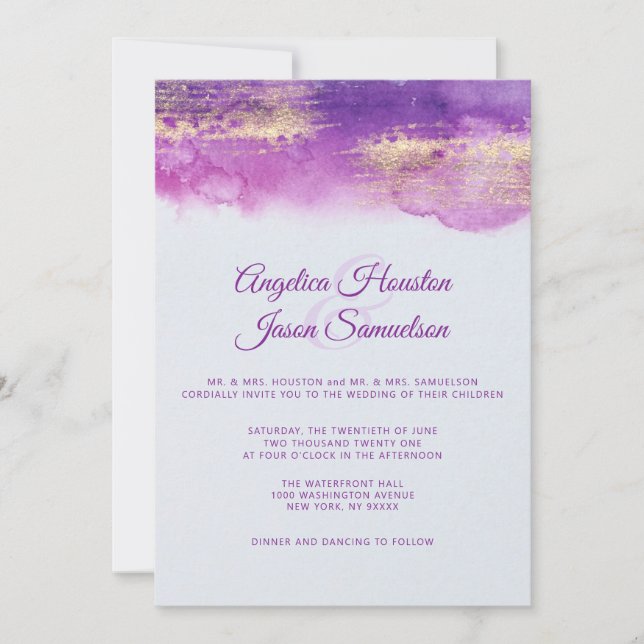 Watercolor Purple Plum Mauve Gold Wedding Invitation (Front)