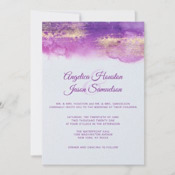 Watercolor Purple Plum Mauve Gold Wedding Photo Invitation by UniqueWeddingShop at Zazzle