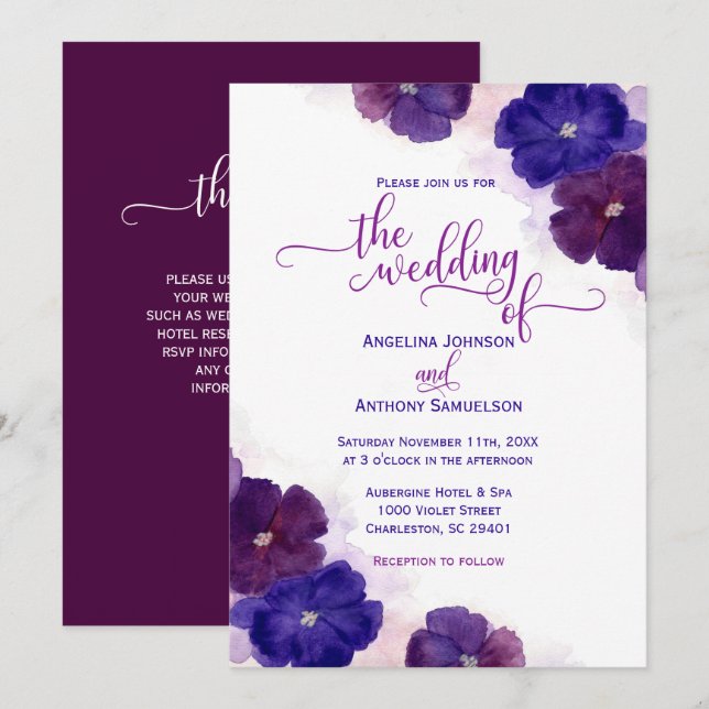 Watercolor Purple Plum Royal Blue Floral Wedding Invitation (Front/Back)