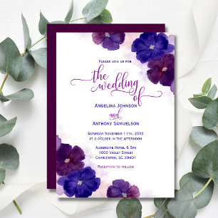 Watercolor Purple Plum Royal Blue Floral Wedding Invitation