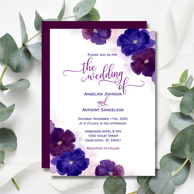 Watercolor Purple Plum Royal Blue Floral Wedding Invitation (Creator Uploaded)