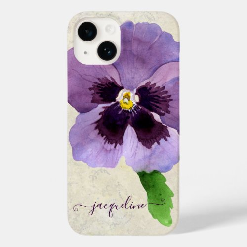 Watercolor Purple Pretty Pansy Floral Personalized Case_Mate iPhone 14 Case