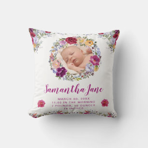 Watercolor Purple & Red Flowers Baby Photo Throw Pillow