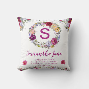 Watercolor Purple & Red Flowers Wreath Baby  Throw Pillow