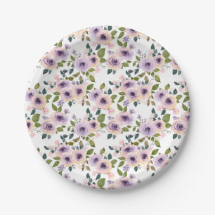 Watercolor Purple Rose Floral Pattern Paper Plates