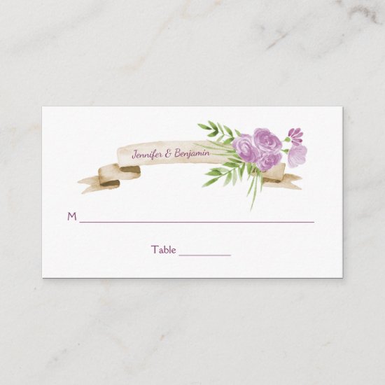 Watercolor Purple Roses and Greenery Place Cards