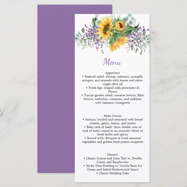 Watercolor Purple Roses and Greenery Wedding  Menu (Front/Back)