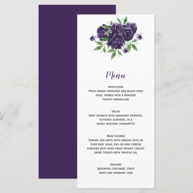 Watercolor Purple Roses and Greenery Wedding  Menu (Front/Back)