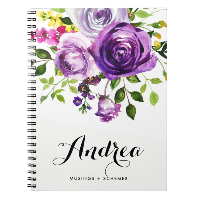Watercolor Purple Roses Botanical Personalized Notebook (Front)