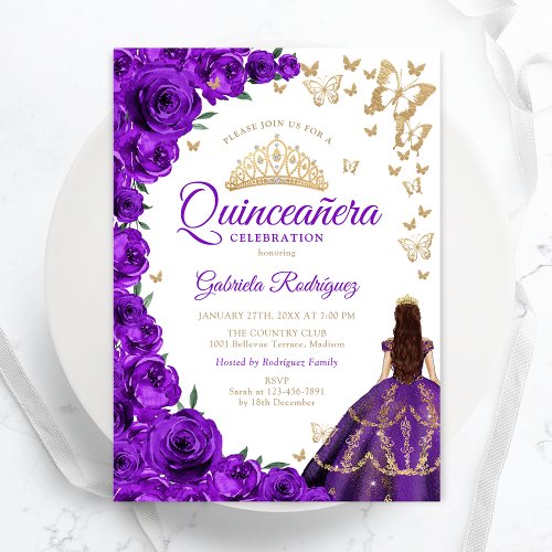 Watercolor Purple Roses Floral Quinceanera Invitation