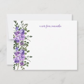 Watercolor Purple Roses Green Leaves Monogram Note Card by dmboyce at Zazzle