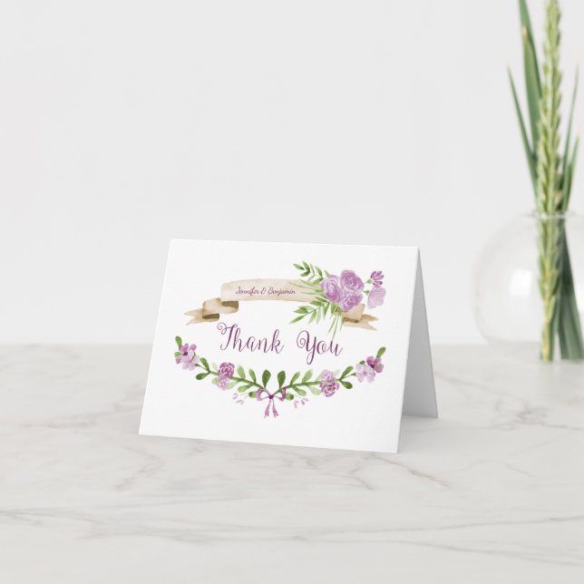 Watercolor Purple Roses Greenery Thank You Card (Front)