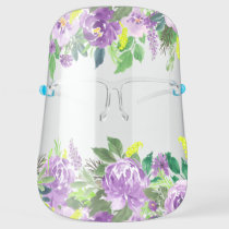 Watercolor Purple Roses Peonies Floral Face Shield