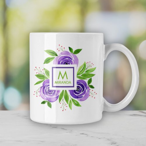Watercolor Purple Roses Personalized Monogram Coffee Mug