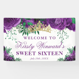 Watercolor Purple Roses Sweet Sixteen Welcome Banner