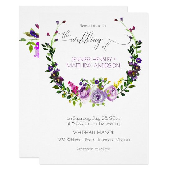 Watercolor Purple Roses Wildflowers Spring Wedding Invitation