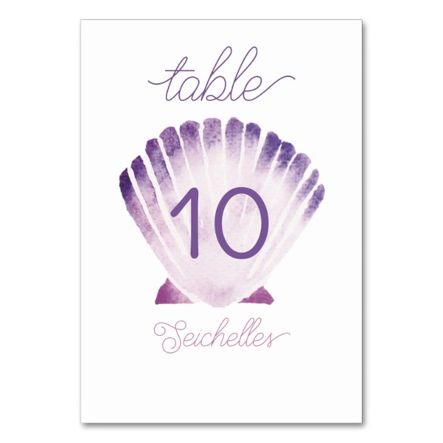 Watercolor Purple Shell Under the Sea Table Number (Front)