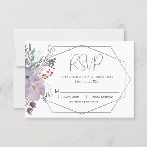 Watercolor Purple Silver Floral Geometric Wedding RSVP Card