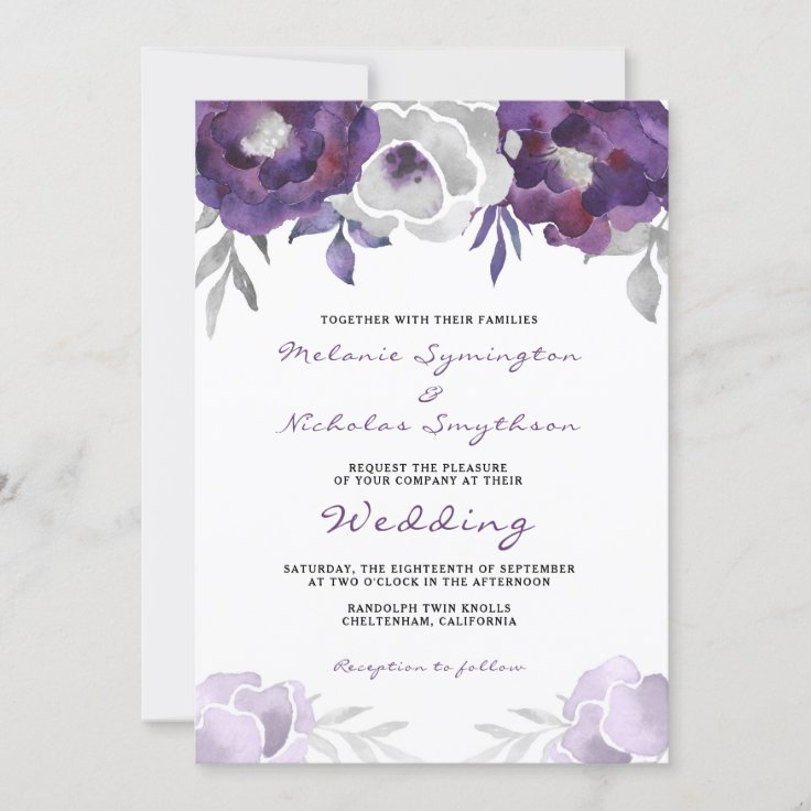 Watercolor Purple Silver Floral wedding 3963 Invitation | Zazzle