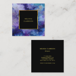 Watercolor purple splash black gold professional square business card