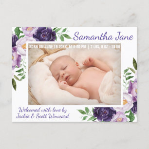 Watercolor Purple Spring Flowers Baby Birth Announcement Postcard