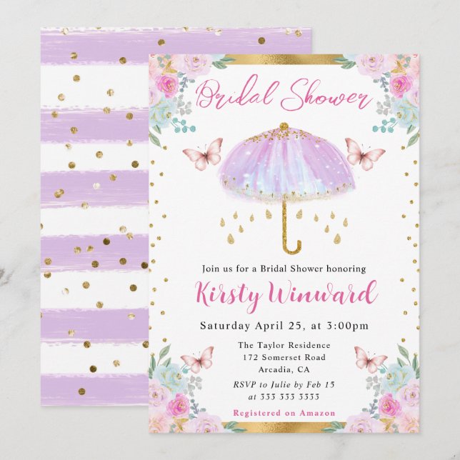 Watercolor Purple Spring Umbrella Bridal Shower Invitation (Front/Back)