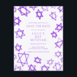 Watercolor Purple Star of David Bar Bat Mitzvah Announcement Postcard<br><div class="desc">Perfect card to announce the upcoming date of a bat mitzvah, bar mitzvah or other Jewish celebration! Hand made watercolor art for you on the front and back side! FULLY CUSTOMIZABLE! Click on “Personalize” above to edit the text. Click "edit using design tool" to adjust the fonts, colors and placements...</div>