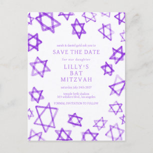 Watercolor Purple Star of David Bar Bat Mitzvah Announcement Postcard