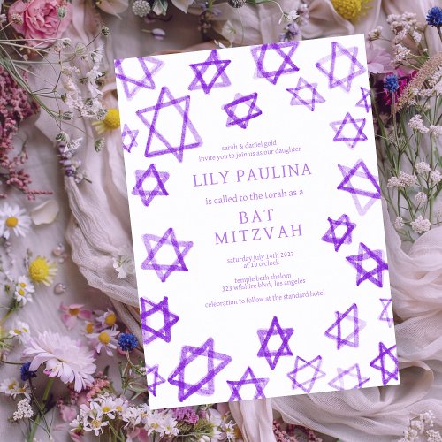 Watercolor Purple Star of David Bar Bat Mitzvah Invitation