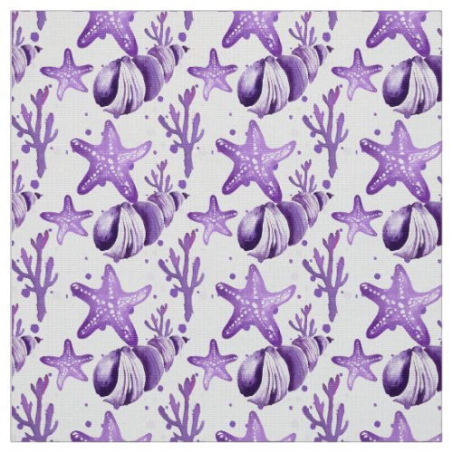 Watercolor Purple Starfish  Seashells Fabric