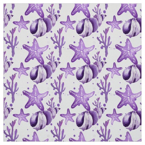 Watercolor Purple Starfish & Seashells Fabric