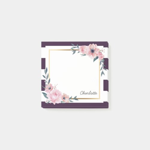 Watercolor Purple Stripes Pink Floral Custom Name Post_it Notes