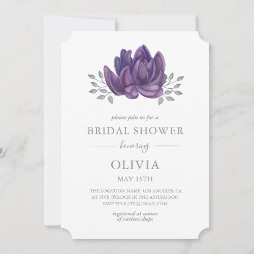 Watercolor purple succulent Floral Bridal Shower Invitation