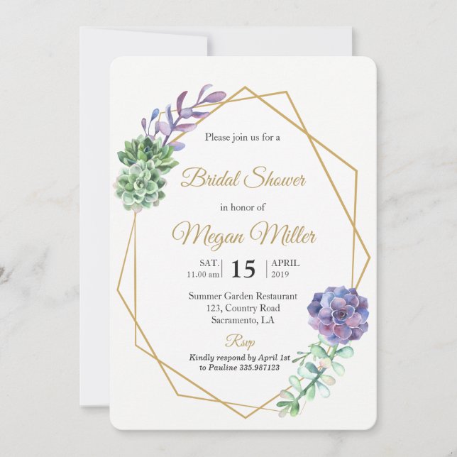 Watercolor purple succulents Bridal shower invite (Front)