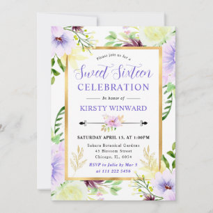 Watercolor Purple Summer Flowers Sweet 16 Invitation