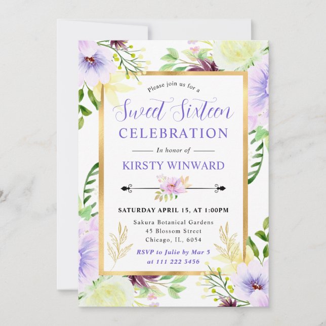 Watercolor Purple Summer Flowers Sweet 16 Invitation (Front)