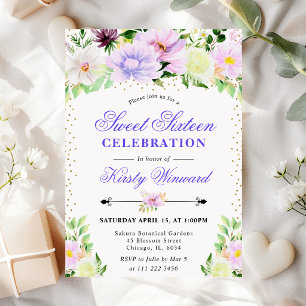 Watercolor Purple Summer Flowers Sweet 16 Invitation