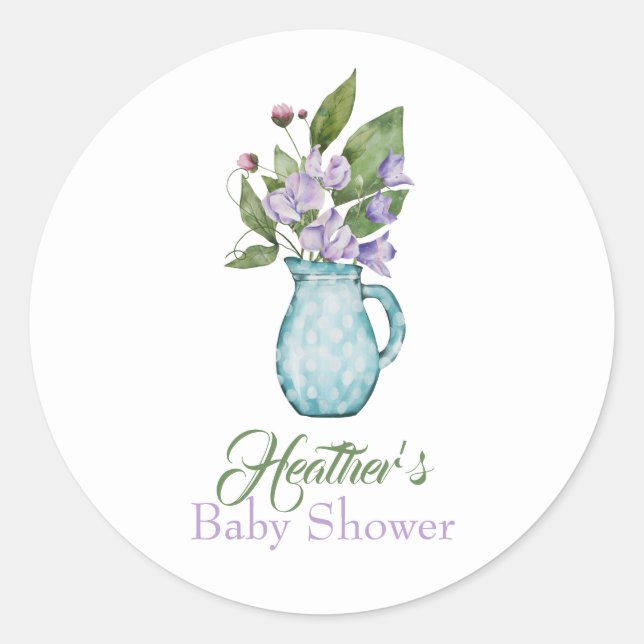 Watercolor Purple Sweet Pea Flowers Baby Shower Classic Round Sticker (Front)