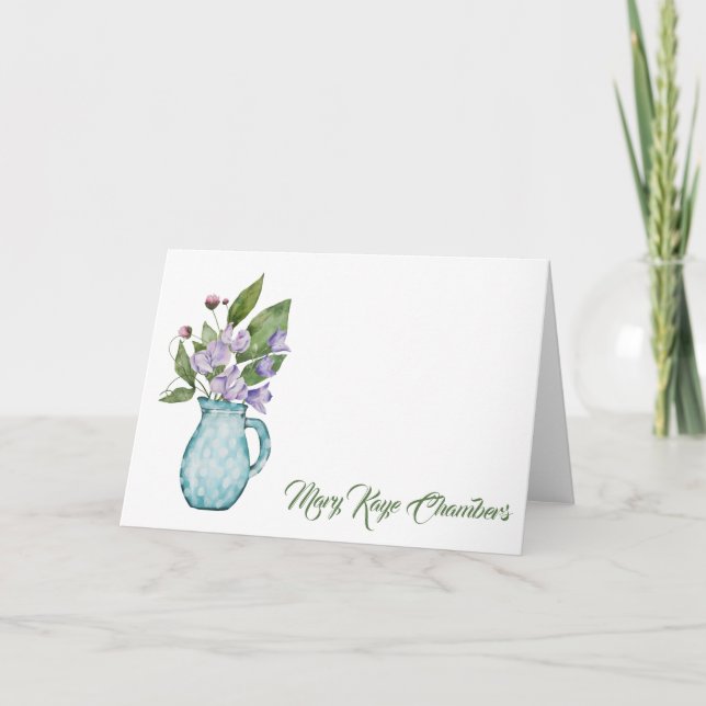Watercolor Purple Sweet Pea Flowers Note Card (Front)