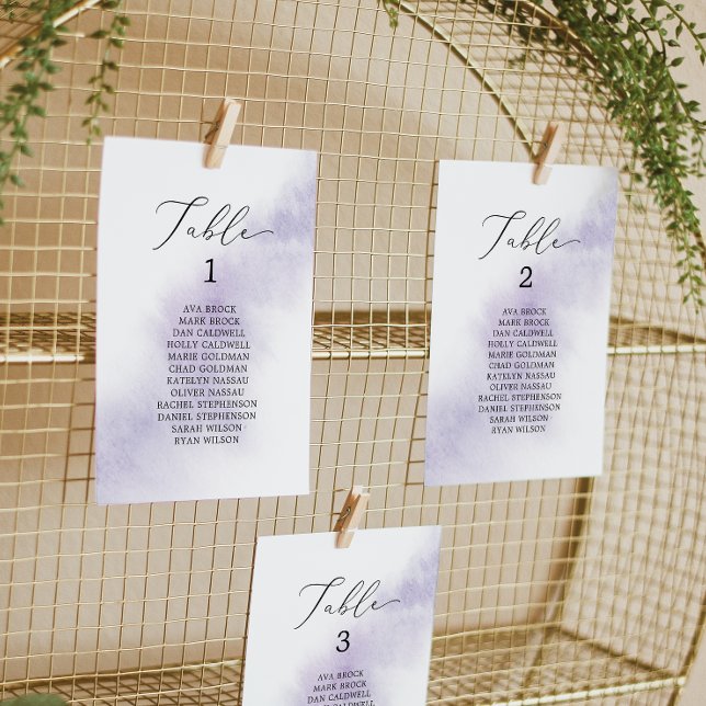 Watercolor Purple Table Number Seating Chart Cards (Creator Uploaded)