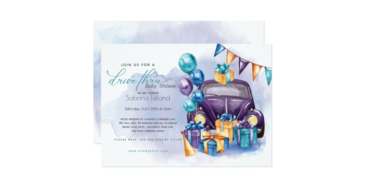 Watercolor Purple Teal DriveThru Baby Shower Invitation